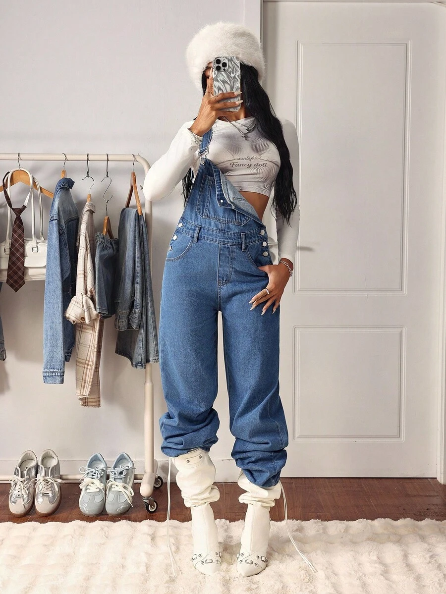 SHEIN Tall Tall Blue Washed Denim Bib Overall Jumpsuit