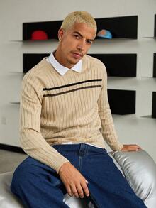 Manfinity Homme Men's Casual Striped Crew Neck Raglan Sleeve Sweater, Autumn Everyday Comfort Thick Graphic Airy Whites Slim-Fit Going Out - Multicolor - View 4