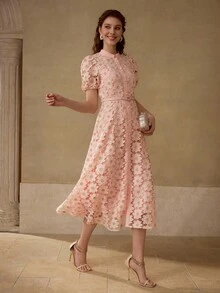 MOTF PREMIUM FLORAL EMBROIDERED STAND COLLAR PUFF SLEEVE FITTED WAISTBAND MID-CALF DRESS - Pink - View 4