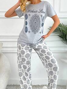SHEIN Cottnline 100%Cotton 2Pcs/Women Retro Pattern Detail Homewear Pajama Sets - Grey - View 4