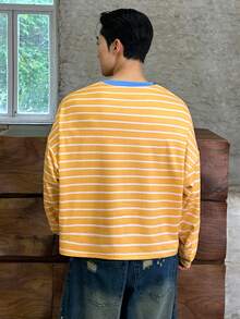 ESTAVOR Men's Casual Striped Crew Neck Long Sleeve T-Shirt, Spring/Autumn, For Fall - Orange - View 3