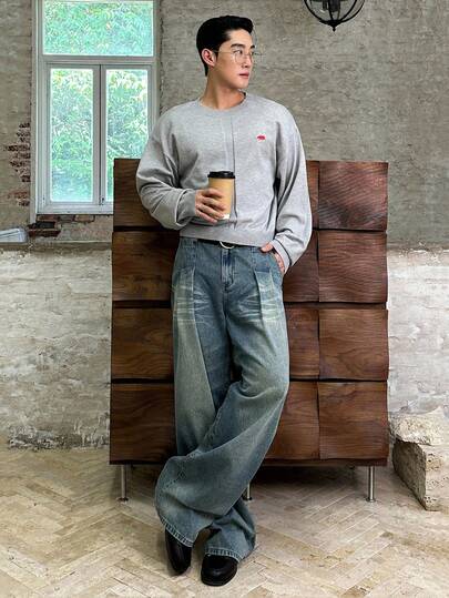 SWAVVY 男士动物刺绣圆领落肩长袖休闲毛衣，秋季