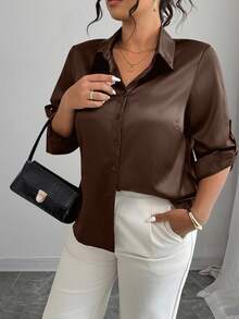 Elenzga Plus Size Solid Color Button-Front Long Sleeve Shirt, Autumn Fall Cloth For Women - Coffee Brown - View 4