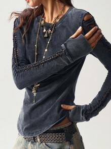 Bohemela 秋季大码休闲镂空圆领水洗长袖T恤 - 黑色 - 查看 1