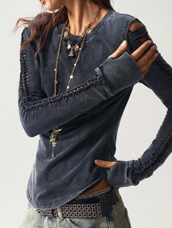 Bohemela Dam Casual Enfärgad Stickad Rund Halsringad Långärmad T-shirt Med T-shirt, Höst/Vinter