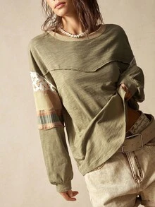 Bohemela 休闲针织拼布圆领长袖宽松女式T恤 - 彩色 - 查看 5