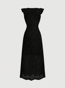 SHEIN MOD 女式纯色蕾丝拼布露肩中长连衣裙 - 黑色 - View 2
