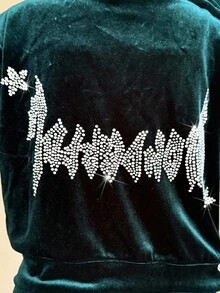 SHEIN Serisse Kids 2pcs/Set Tween Girls Casual Outfit For School - Velvet Short Hooded Jacket With Rhinestone Decor & Flare Pants