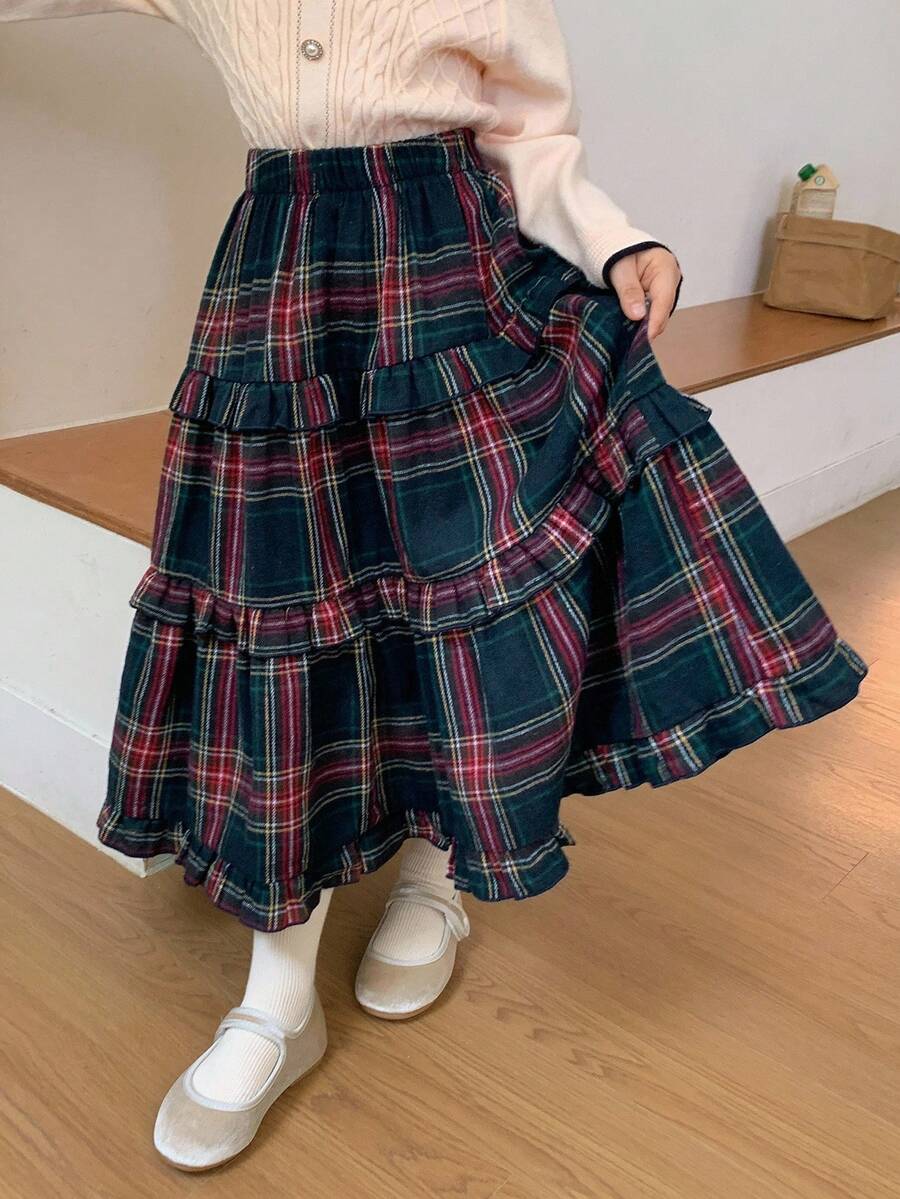 DAZY Young Girls Plaid Casual Ruffle Hem Loose Skirt - Red - View 1