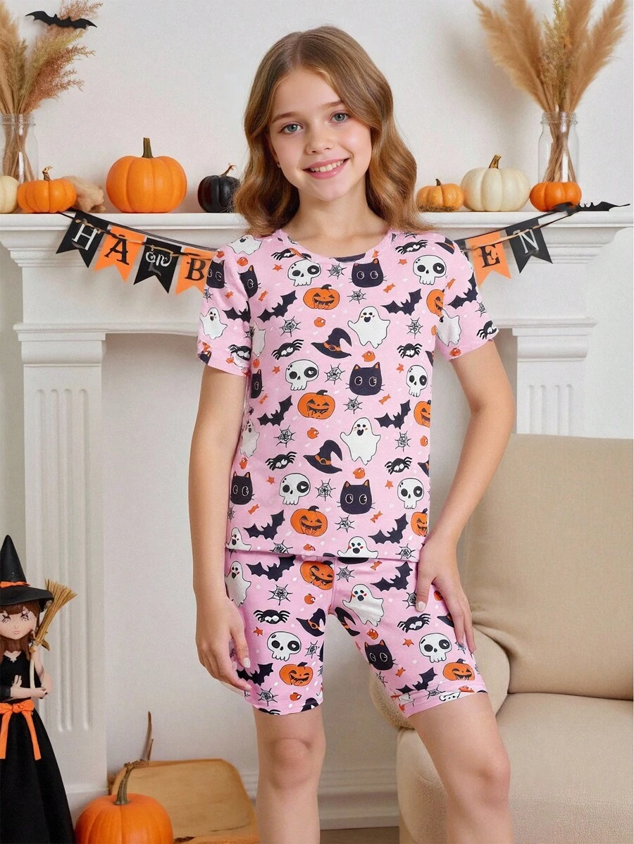 Conjunto de pijama de 2 piezas para niñas con estampado de calabaza y fantasma, de punto elástico, cómodo y suave, de cuello redondo y manga corta