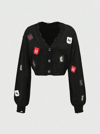 Street Life Y2K Streetwear Style Letter Applique Embroidery Distressed Button Front Women Knit Cardigan