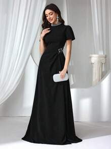 Coutiva Vestido de noche formal para mujer (con adornos pesados), vestido negro