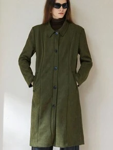 Aveloria Modichic Chaqueta larga de mujer con cuello vuelto, diseño dividido, escudo de lluvia en la espalda, manga larga, de alta gama y estilo retro para ir al trabajo - Verde militar - Ver 5