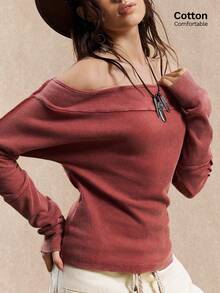 Easelle Women's Vintage Wash Water Bohemian Persimmon Red Off Shoulder Long Sleeve Knitted Women T-Shirt Fall Winter Women Clothes Off The Shoulder Tops