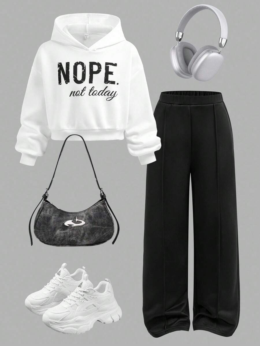 SHEIN Tween Girls Casual Fashion Versatile Letter Print Cropped Hem Fleece Hoodie And Relaxed Straight Leg Knit Pants Set, Suitable For Weekend, Casual Outing, Back To School, Outfit Girl, Fall Winter - Black and White - View 1