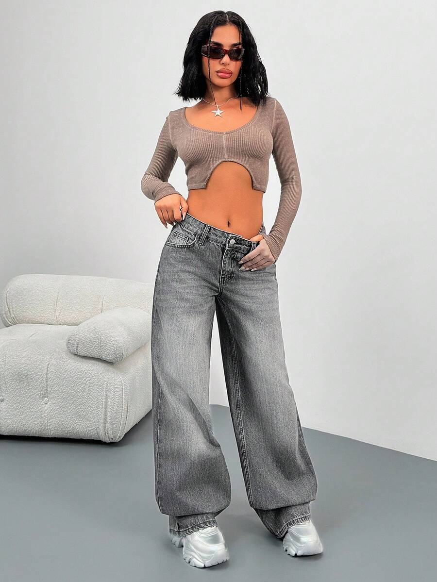 EURMUSE Women Jeans Y2k Jeans Two Piece Outfit Woman 2 Piece Outfits For Women Wide Leg Jeans - Medium Wash - View 1