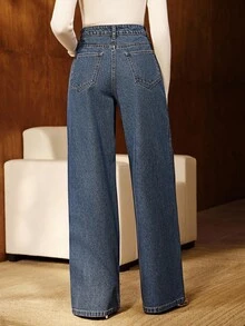 Anewsta 女士新款优雅水钻装饰蓝色直筒牛仔裤，适合情人节和妇女节穿着。 - 藍色 - 查看 2