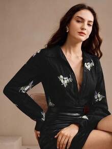 Anewsta 女式纯色纹理花卉刺绣落肩衬衫 - 黑色 - 查看 5
