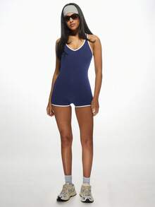 MISSGUIDED 女式紧身衣高性能压缩连体衣交叉背部健身连体衣训练运动服锻炼瑜伽 - 藍色 - 查看 4