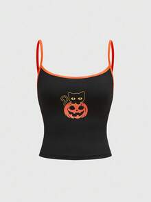 ROMWE 2pcs/Set Halloween Pumpkin & Ghost Print Tank Top & Sweatpants - Multicolor - View 8