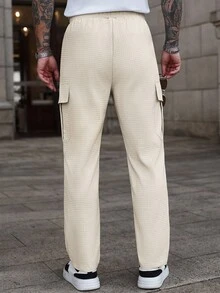 Manfinity Homme 1 件男士多口袋工装裤，宽松直筒版型，通勤，四季皆宜，成熟休闲酷炫风格，男友/丈夫礼物，周年纪念礼物，帆布面料，适合秋季 - 杏色 - 查看 2