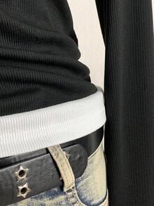 SHEIN EZwear Camiseta de manga larga casual de mujer con parches de colores contrastantes, para otoño/primavera