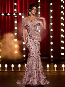Glamrae Elegant Multi-Color Sequin Embroidery Organza Fishtail Dress,Gorgeous Splicing Three-Dimensional Shape Waist See-Through Dinner Dress For Formal Party - Multicolor - View 6