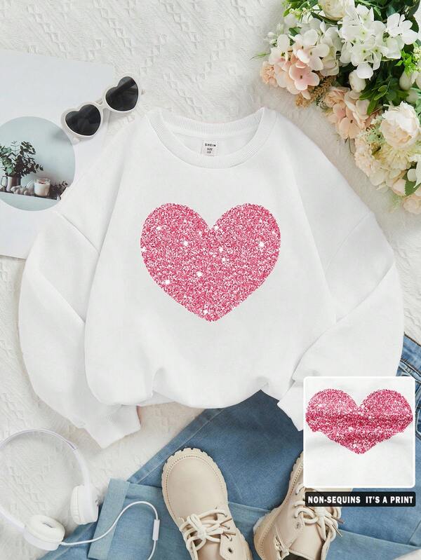Young Girl Casual Cartoon Pattern Long Sleeve Crew Neck Sweatshirt, Suitable For Autumn/Winter, Heart Print, Suitable For Social & Leisure Fall