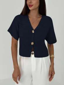 Aloruh New Minimalist Fashion Commuter Deep V-Neck Short Sleeve Thin Double-Button Cinched Waist Fitted Casual Cardigan,Fall - Navy Blue - View 4