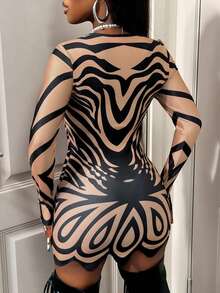 BamGleam 女式印花脚扣烂花复古花卉蕾丝边修身连衣裙 - 咖啡 - 查看 2