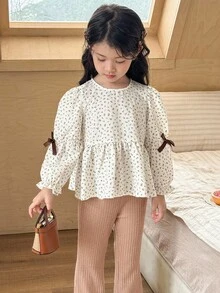 SHEIN Young Girls' Casual Ditsy Floral Round Neck Long Sleeve Top And Flare Pants Set Fall Winter - Multicolor - View 3