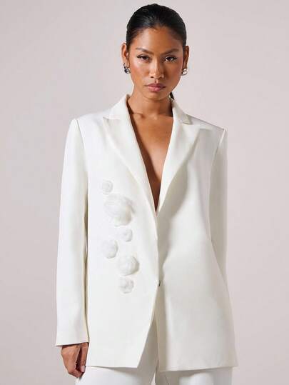 COSMINA Chaqueta de blazer casual con decoración floral en el cuello para mujer, para otoño/invierno