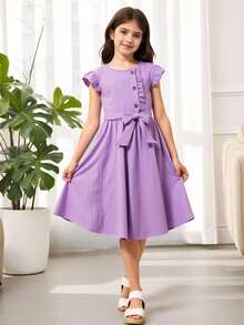 Tween Girl Round Neck Cap Sleeve Dress With Belted Waist And Simple Design - Mauve Purple - View 8