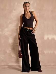 SHEIN BAE Women's Sexy Solid Color Backless Halter Top, Summer - Coffee Brown - View 8