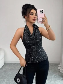 Elenzga Áo ba lỗ cổ khoét sâu màu đen thanh lịch gợi cảm dành cho nữ, không tay, họa tiết hoa 3D, mùa xuân/hè - màu đen - Xem 4