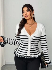 Elenzga Cárdigan de punto elegante con botones y rayas de contraste para mujer de talla grande - Blanco y Negro - Ver 3