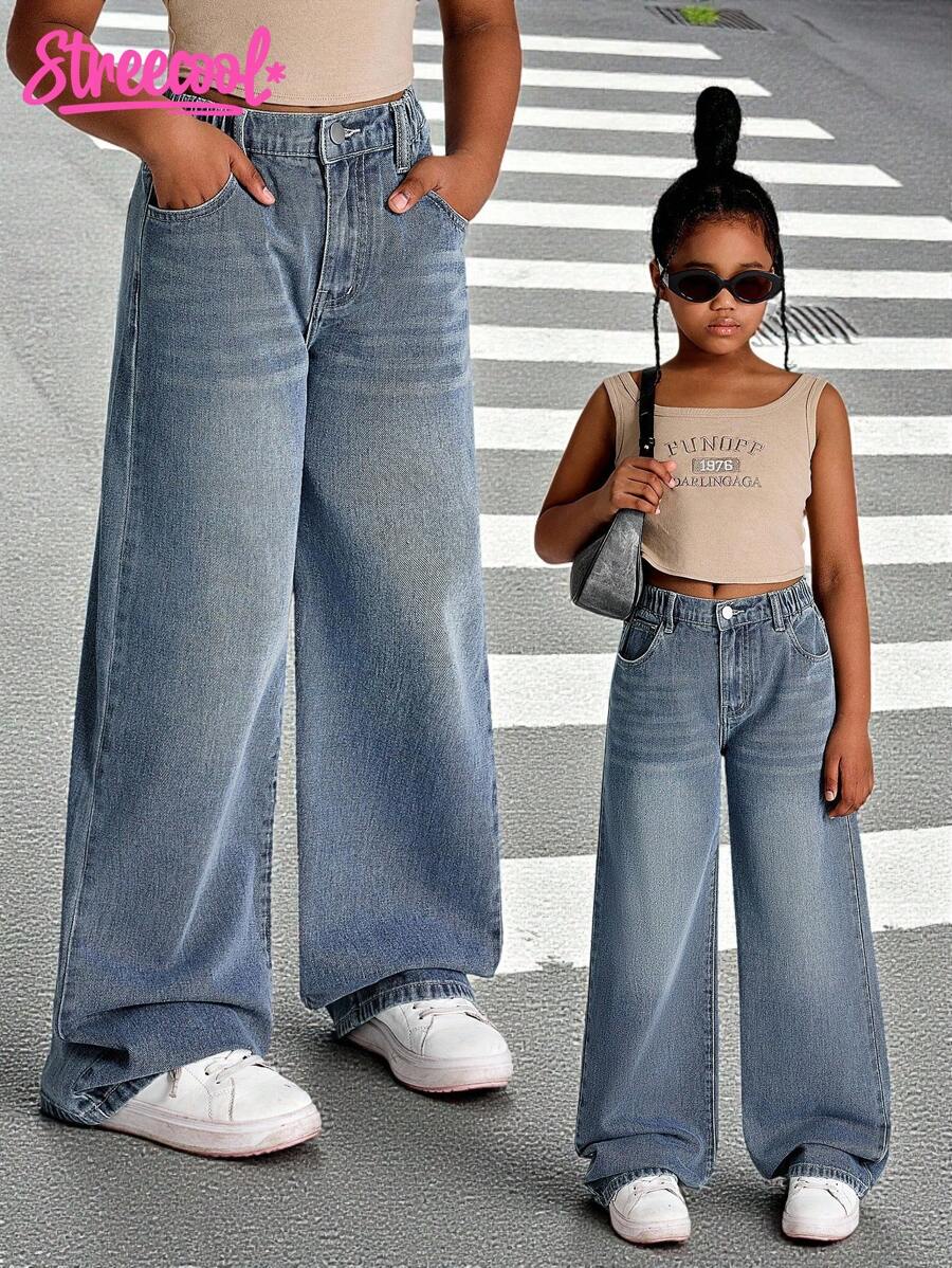 SHEIN Explorewe Tween Girl 复古洗水牛仔阔腿牛仔裤，经典百搭百搭设计 - 中等水洗藍 - 查看 1