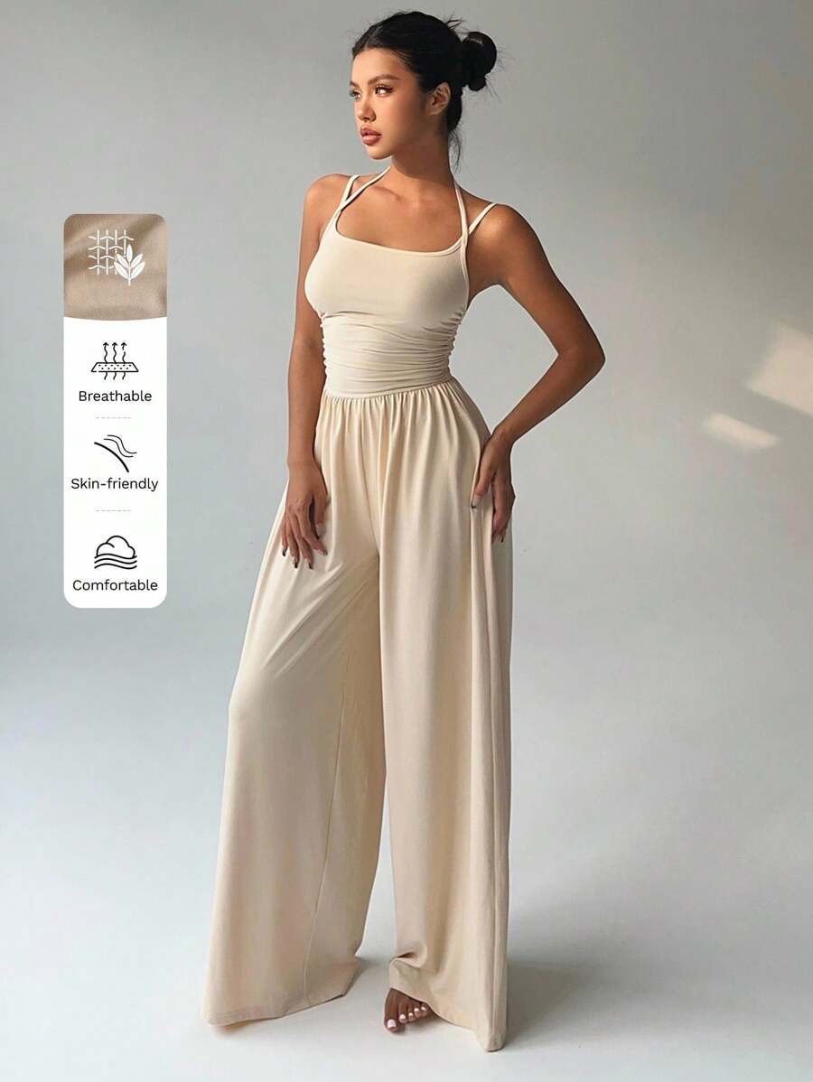 SHEIN Unity 女式休闲百褶宽松直筒连体裤，春夏 - 杏色 - 查看 1