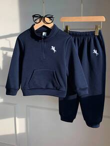 SHEIN 2 件套年轻男童休闲立领半拉链卫衣和运动裤套装，加厚羊毛，适合秋冬季 - 藍色 - 查看 5