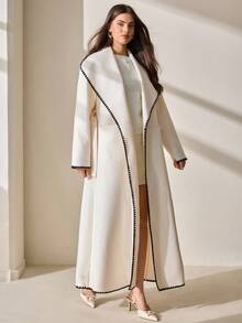 CLARA VERO Women Solid Color Belted Detailed Long Over Coats Dinner Everyday Black And White Fall Elegant Formal - White - View 6