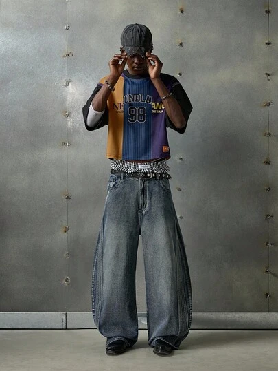 NEON BLANC Men's Street Fashion Knitted Short Sleeve Letter & Stripe Print Round Neck T-Shirt, Suitable For Summer