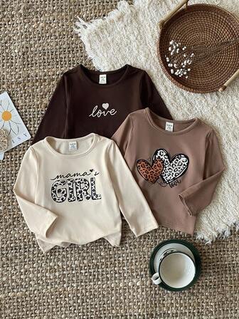 SHEIN 3pcs Girls Letter Print Slim Fit Long Sleeve T-Shirt, Sweet Casual Versatile All-Match Set, Autumn Fall Winter