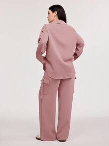 Veilorie 1set Women Casual Shirt And Cargo Pocket Pants Suit - Pink - View 3