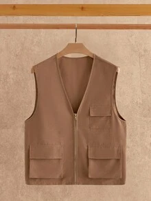 Manfinity NXTstreet Men's Casual Zip Up Multi-Pocket Vest, Fall Winter - Brown - View 5