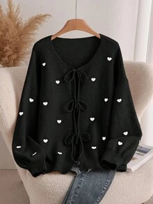 SHEIN CURVE+ Plus Size Women Heart Knitted Cardigan, French Elegant Fashion Autumn/Winter Sweater Cardigan, Off-Season Fall - Black - View 6