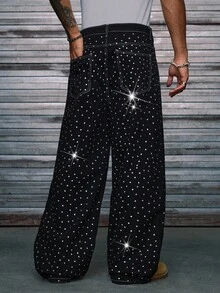 AXEPEAK Herren Washed Locker Lässig Hose mit Strass Verzierung - Schwarz - Übersicht 2