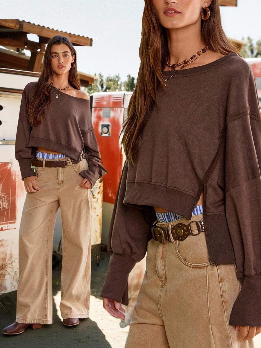 Easelle 女牛仔复古西部女式休闲宽松落肩纯色运动衫秋冬女装不对称下摆剪裁复古水洗 - 咖啡棕 - 查看 1