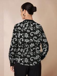 Shutterstock Glamance 女士长袖衬衫，适合通勤和外出的办公室服装，秋季佩斯利印花衬衫 - 黑色 - 查看 2