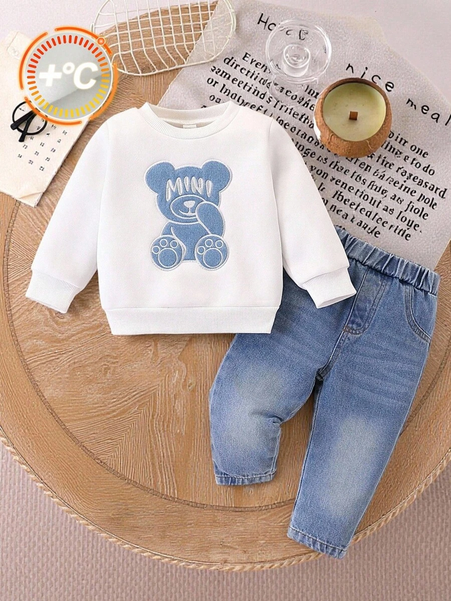 SHEIN 男婴两件套保暖圆领卫衣牛仔裤套装,可爱小熊刺绣,舒适百搭,秋冬季基础休闲服饰,适合室内、室外、日常穿着、运动、玩耍、派对、节日、返校、街头风、慢跑、运动服、万圣节等场合。男婴冬季服装,男婴牛仔裤套装,男婴服装套装,男婴毛衣套装 - 藍色 - 查看 1