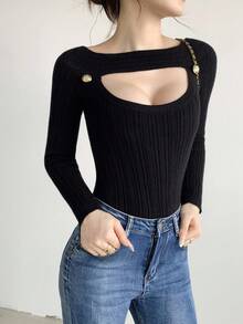 Celisse Women's Sexy Off Shoulder Hollow-Out Fitted Knit Sweater, Elegant Style, Suitable For Spring & Autumn Fall Winter Cloth For Women